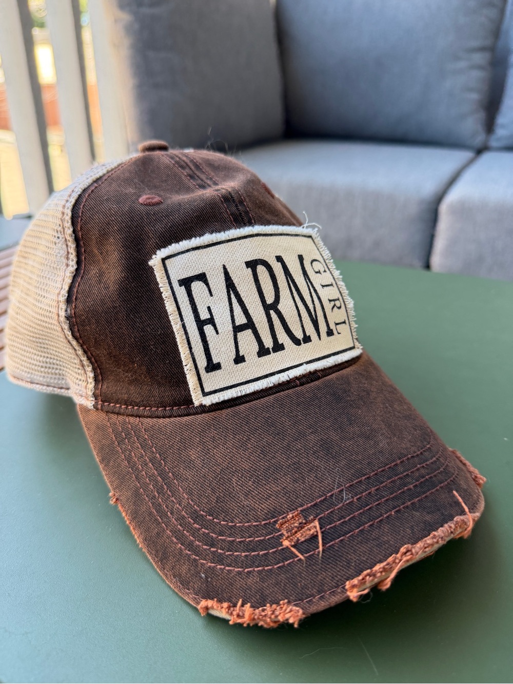 Distressed “Farm Girl” Cap in Brown/Tan/Burnt Orange